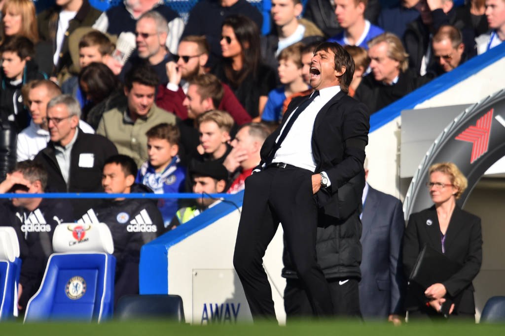 Chelsea's Italian head coach Antonio Conte gestures on the touchline during the English Premier League football match between Chelsea and Leicester City at Stamford Bridge in London on October 15, 2016. / AFP PHOTO / Glyn KIRK / RESTRICTED TO EDITORIAL USE. No use with unauthorized audio, video, data, fixture lists, club/league logos or 'live' services. Online in-match use limited to 75 images, no video emulation. No use in betting, games or single club/league/player publications.  /