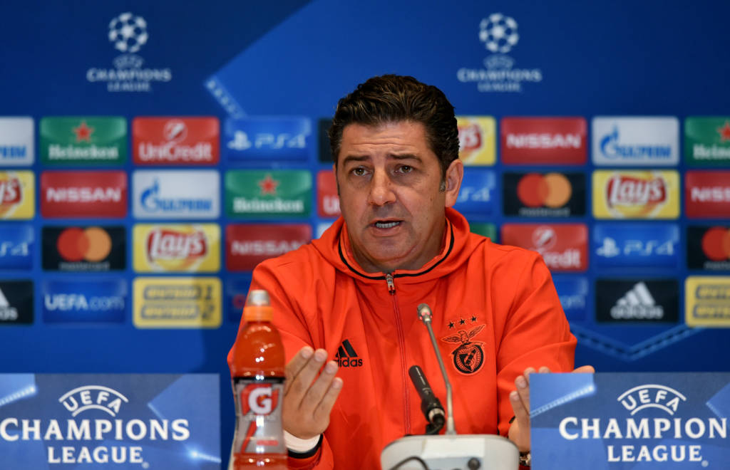 Benfica's Portuguese head coach Rui Vitoria addresses a press conference at the Olympiysky stadium in Kiev on October 18, 2016, on the eve of the UEFA Champions League football match between FC Dynamo Kyiv and SL Benfica.  / AFP PHOTO / GENYA SAVILOV