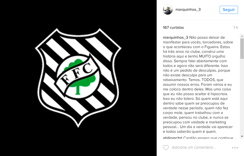 Mensagem de Marquinho nas redes sociais (Foto: Reprodução)