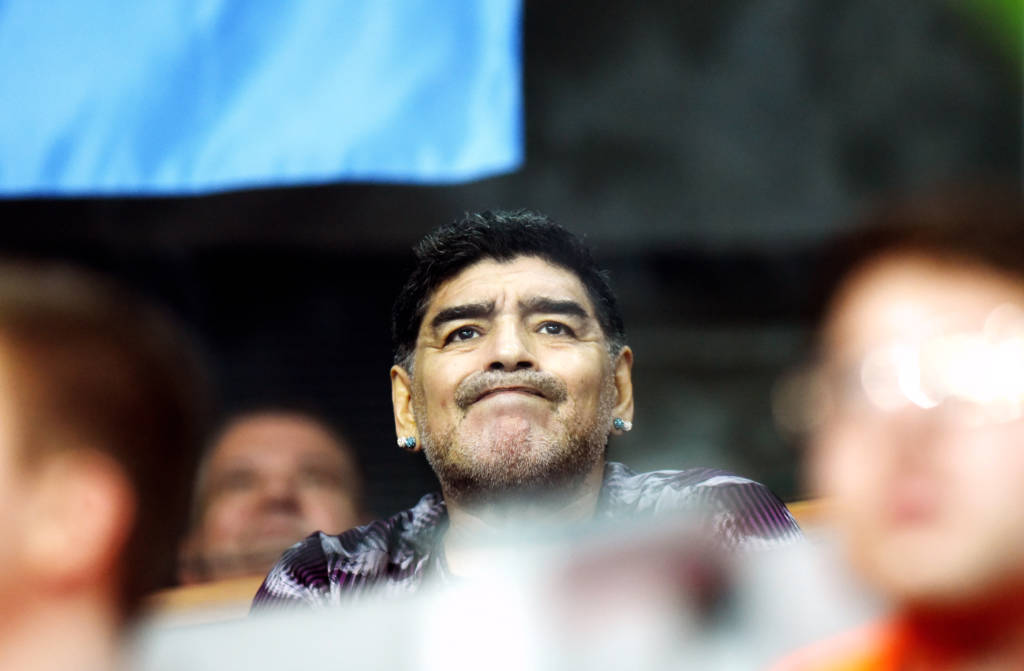 Retired Argentinian professional footballer Diego Armando Maradona reacts during the Davis Cup World Group final doubles match between Croatia and Argentina at Arena hall in Zagreb on November 26, 2016. / AFP PHOTO / -