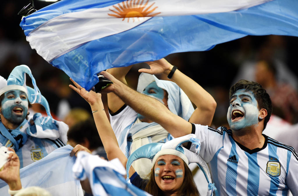 Argentinian supporters cheer during the Davis Cup World Group final singles match between Croatia and Argentina on November 27, 2016 at the Arena hall in Zagreb. / AFP PHOTO / -