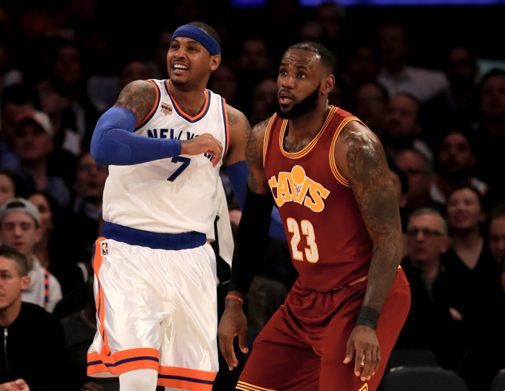 NEW YORK, NY - DECEMBER 07: Carmelo Anthony #7 of the New York Knicks and LeBron James #23 of the Cleveland Cavaliers fight for position in the first quarter at Madison Square Garden on December 7, 2016 in New York City. NOTE TO USER: User expressly acknowledges and agrees that, by downloading and or using this Photograph, user is consenting to the terms and conditions of the Getty Images License Agreement   Elsa/Getty Images/AFP