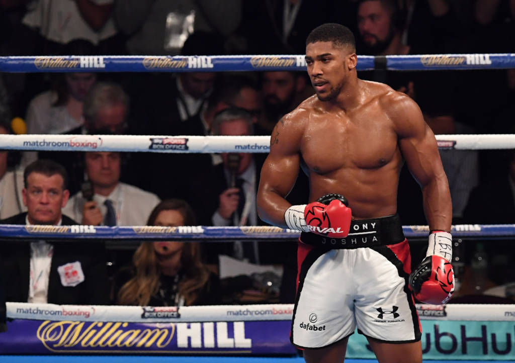 England's Anthony Joshua clebrates beating USA's Eric Molina during the IBF World Heavyweight Championship boxing match in Manchester, north-west England on December 10, 2016. / AFP PHOTO / Paul ELLIS