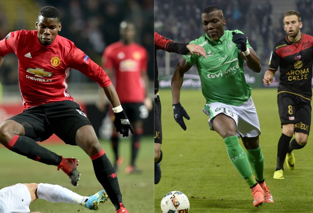 Saint-Etienne's French defender Florentin Pogba (R) vies with Guinguamps French midfielder Etienne Didot (L) during the French L1 football match between Saint-Etienne (ASSE) and Guinguamp (EAG) on December 11, 2016 at the Stade Geoffroy-Guichard in Saint-Etienne, central eastern France. / AFP PHOTO / ROMAIN LAFABREGUE
