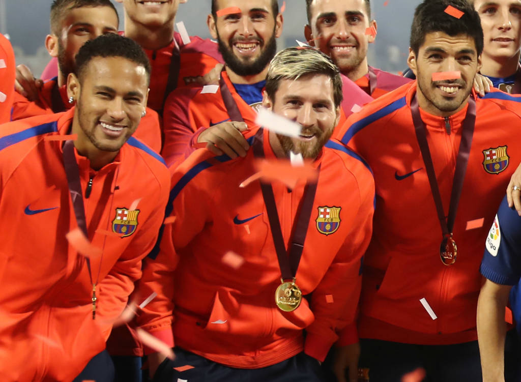 Messi, Suárez, Neymar e Piqué estarão de férias após duelo com Espanyol, neste domingo (Foto: Karim Jaafar/AFP)