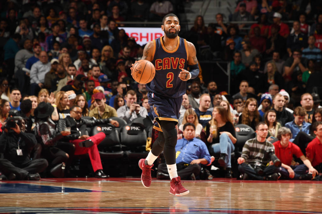 AUBURN HILLS, MI - DECEMBER 26: Kyrie Irving #2 of the Cleveland Cavaliers brings the ball up the court during a game against the Detroit Pistons on December 26, 2016 at The Palace of Auburn Hills in Auburn Hills, Michigan. NOTE TO USER: User expressly acknowledges and agrees that, by downloading and/or using this photograph, user is consenting to the terms and conditions of the Getty Images License Agreement. Mandatory Copyright Notice: Copyright 2016 NBAE Chris Schwegler/NBAE via Getty Images/AFP
