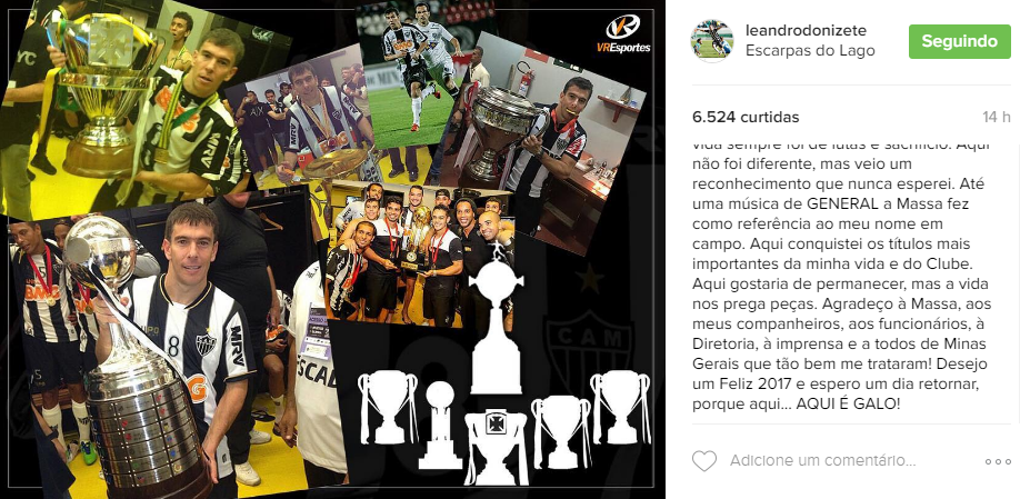 Leandro Donizete deixou sua mensagem de despedida aos atleticanos em sua conta no Instagram (Foto: Reprodução)