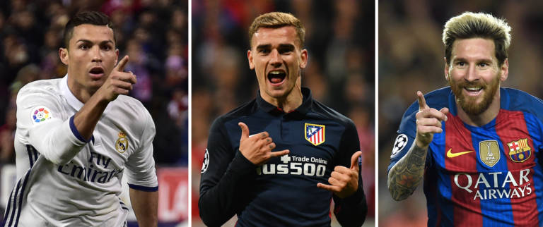 Dupla ganha a companhia do francês Griezmann na cerimônia desta segunda-feira, na Suíça (Foto: AFP)