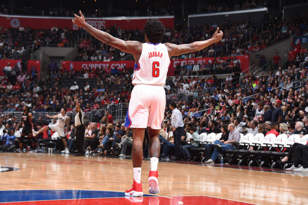 LOS ANGELES, CA - JANUARY 8: DeAndre Jordan #6 of the LA Clippers reacts to a play against the Miami Heat during the game on January 8, 2017 at STAPLES Center in Los Angeles, California. NOTE TO USER: User expressly acknowledges and agrees that, by downloading and/or using this Photograph, user is consenting to the terms and conditions of the Getty Images License Agreement. Mandatory Copyright Notice: Copyright 2017 NBAE   Andrew D. Bernstein/NBAE via Getty Images/AFP