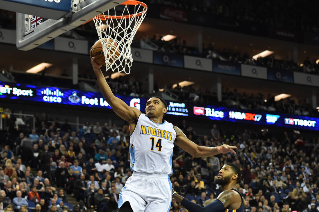 Denver Nuggets' guard Gary Harris drives to the basket during the NBA Global Game London 2017 basketball game between Indiana Pacers and Denver Nuggets at the O2 Arena in London on January 12, 2017. / AFP PHOTO / Glyn KIRK