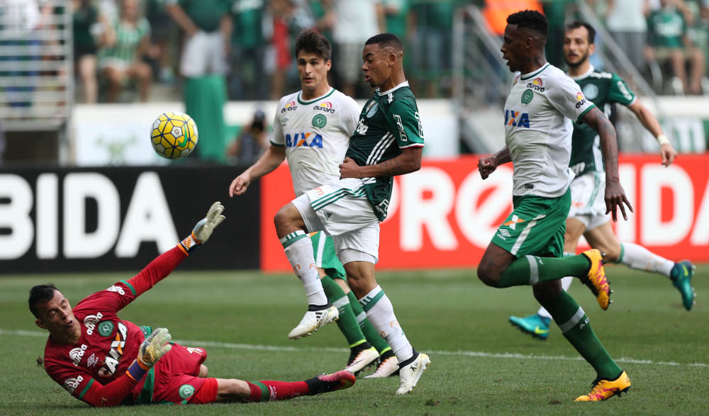 O jogador Gabriel Jesus, da SE Palmeiras, disputa bola com o goleiro Danilo, da A Chapecoense F, durante partida válida pela trigésima sétima rodada, do Campeonato Brasileiro, Série A, na Arena Allianz Parque.