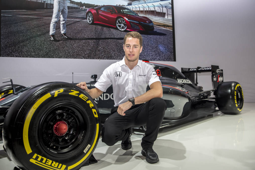Belgian racing driver Stoffel Vandoorne of McLaren-Honda poses during a Honda press conference on the first day of the 95th edition of the European Motor Show Brussels, at Brussels Expo, on January 14, 2017. / AFP PHOTO / Belga / HATIM KAGHAT / Belgium OUT