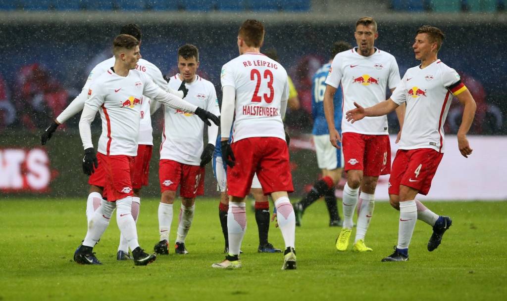 LEIPZIG,GERMANY,15.JAN.17 - SOCCER - 1. DFL, 1. Deutsche Bundesliga, Scottish Premiership, RasenBallsport Leipzig vs Glasgow Rangers FC, test match. Image shows the rejoicing of Marcel Sabitzer, Diego Demme, Marcel Halstenberg, Stefan Ilsanker and Willi Orban (RB Leipzig). Photo: GEPA pictures/ Roger Petzsche - For editorial use only. Image is free of charge.