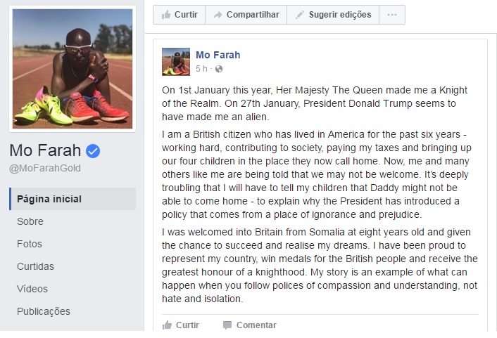 Mo Farah publicou descontentamento em sua conta oficial no Facebook (Foto: Reprodução/Facebook)