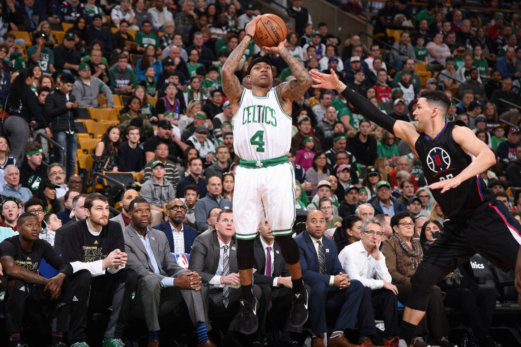 BOSTON, MA - FEBRUARY 5: Isaiah Thomas #4 of the Boston Celtics shoots the ball against the LA Clippers on February 5, 2017 at the TD Garden in Boston, Massachusetts. NOTE TO USER: User expressly acknowledges and agrees that, by downloading and or using this photograph, User is consenting to the terms and conditions of the Getty Images License Agreement. Mandatory Copyright Notice: Copyright 2017 NBAE Brian Babineau/NBAE via Getty Images/AFP