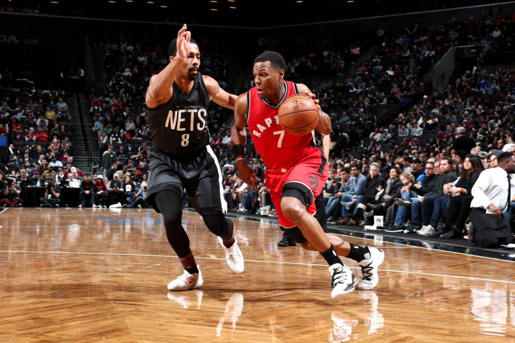 BROOKLYN, NY - FEBRUARY 5: Kyle Lowry #7 of the Toronto Raptors handles the ball during the game against Spencer Dinwiddie #8 of the Brooklyn Nets on February 5, 2017 at Barclays Center in Brooklyn, New York. NOTE TO USER: User expressly acknowledges and agrees that, by downloading and or using this Photograph, user is consenting to the terms and conditions of the Getty Images License Agreement. Mandatory Copyright Notice: Copyright 2017 NBAE Nathaniel S. Butler/NBAE via Getty Images/AFP