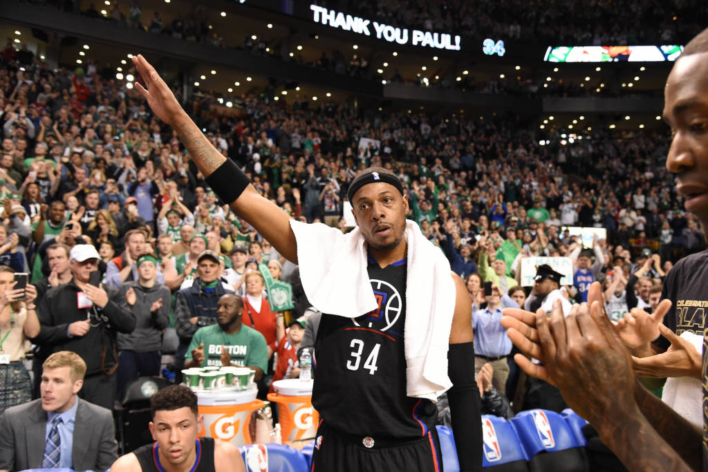 BOSTON, MA - FEBRUARY 5: Paul Pierce #34 of the LA Clippers waves to fans during his tribute during the game against the Boston Celtics on February 5, 2017 at the TD Garden in Boston, Massachusetts. NOTE TO USER: User expressly acknowledges and agrees that, by downloading and or using this photograph, User is consenting to the terms and conditions of the Getty Images License Agreement. Mandatory Copyright Notice: Copyright 2017 NBAE Brian Babineau/NBAE via Getty Images/AFP