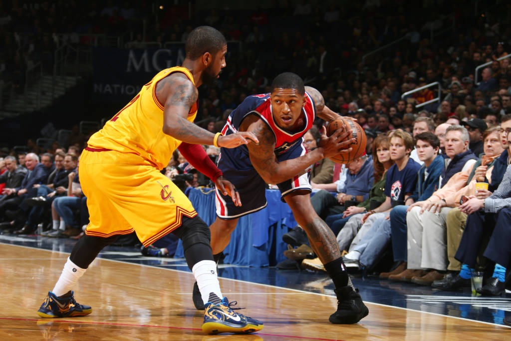 WASHINGTON, DC - FEBRUARY 6: Bradley Beal #3 of the Washington Wizards handles the ball against Kyrie Irving #2 of the Cleveland Cavaliers during the game on February 6, 2017 at Verizon Center in Washington, DC. NOTE TO USER: User expressly acknowledges and agrees that, by downloading and or using this Photograph, user is consenting to the terms and conditions of the Getty Images License Agreement. Mandatory Copyright Notice: Copyright 2017 NBAE Ned Dishman/NBAE via Getty Images/AFP