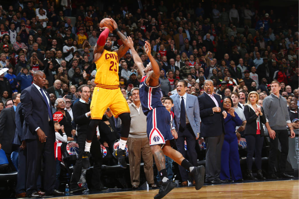 WASHINGTON, DC - FEBRUARY 6: LeBron James #23 of the Cleveland Cavaliers shoots the tie-winning shot during the game against the Washington Wizards on February 6, 2017 at Verizon Center in Washington, DC. NOTE TO USER: User expressly acknowledges and agrees that, by downloading and or using this Photograph, user is consenting to the terms and conditions of the Getty Images License Agreement. Mandatory Copyright Notice: Copyright 2017 NBAE Ned Dishman/NBAE via Getty Images/AFP