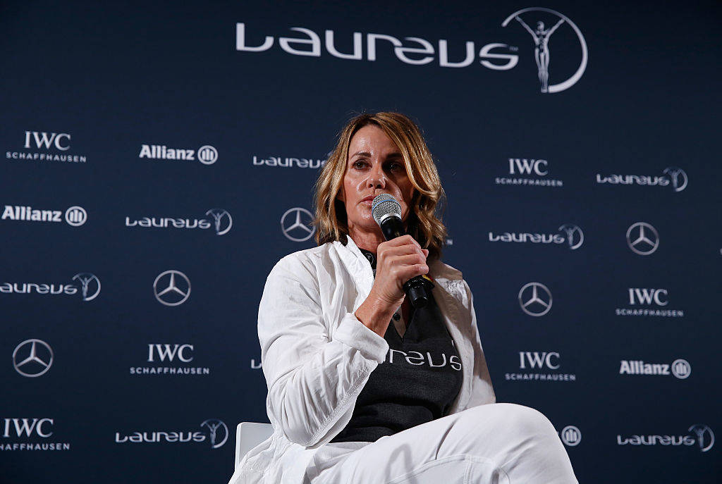 BERLIN, GERMANY - APRIL 17:  Laureus World Sports Academy member Nadia Comaneci speaks to the media at the press conference to celebrate 40 Years After The Perfect 10 on April 17, 2016 in Berlin, Germany.  (Photo by Boris Streubel/Getty Images for Laureus)