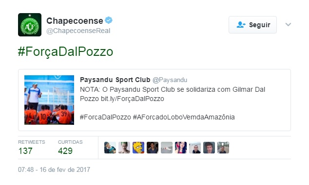 Chape também se solidarizou com o treinador (Foto: Reprodução/Twitter)