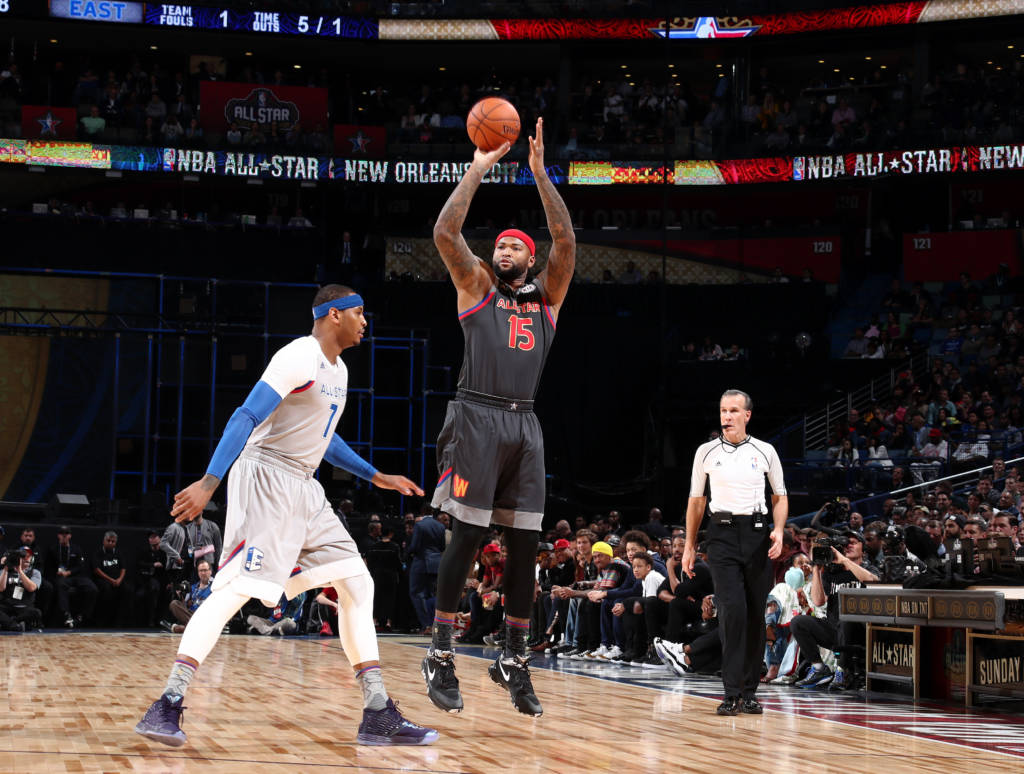 NEW ORLEANS, LA - FEBRUARY 19: DeMarcus Cousins #15 of the Western Conference All-Stars shoots during the NBA All-Star Game as part of the 2017 NBA All Star Weekend on February 19, 2017 at the Smoothie King Center in New Orleans, Louisiana. NOTE TO USER: User expressly acknowledges and agrees that, by downloading and or using this Photograph, user is consenting to the terms and conditions of the Getty Images License Agreement. Mandatory Copyright Notice: Copyright 2017 NBAE   Nathaniel S. Butler/NBAE via Getty Images/AFP