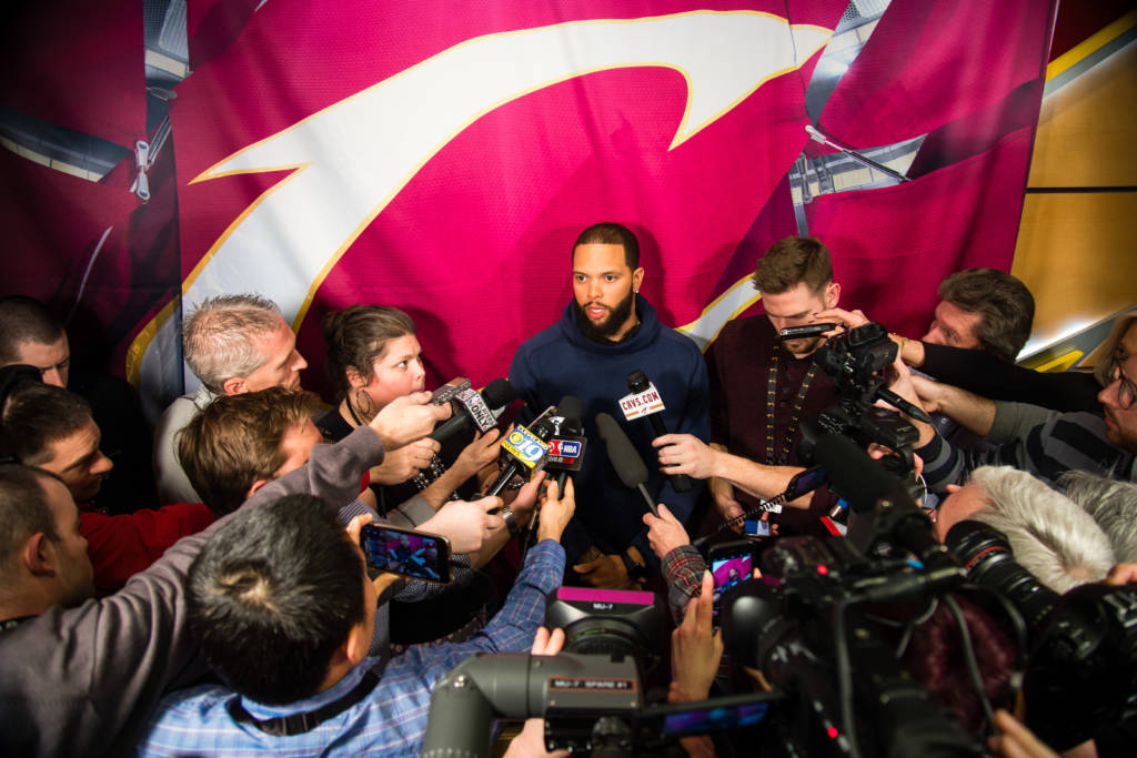 CLEVELAND, OH - FEBRUARY 27: The newest member of the Cleveland Cavaliers Deron Williams talks to the media prior to the game against the Milwaukee Bucks at Quicken Loans Arena on February 27, 2017 in Cleveland, Ohio. NOTE TO USER: User expressly acknowledges and agrees that, by downloading and/or using this photograph, user is consenting to the terms and conditions of the Getty Images License Agreement. Jason Miller/Getty Images/AFP