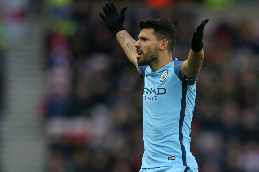 Manchester City's Argentinian striker Sergio Aguero gestures during the English Premier League football match between Sunderland and Manchester City at the Stadium of Light in Sunderland, north-east England on March 5, 2017. / AFP PHOTO / SCOTT HEPPELL / RESTRICTED TO EDITORIAL USE. No use with unauthorized audio, video, data, fixture lists, club/league logos or 'live' services. Online in-match use limited to 75 images, no video emulation. No use in betting, games or single club/league/player publications.  /