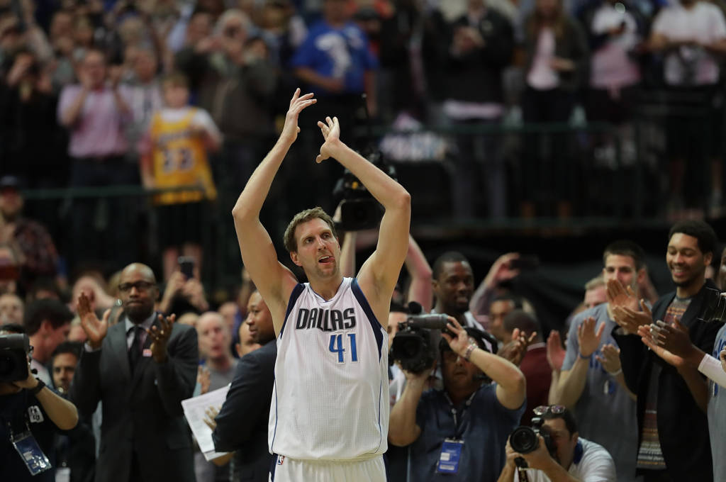 DALLAS, TX - MARCH 07: Dirk Nowitzki #41 of the Dallas Mavericks celebrates after scoring his 30,000 career point in the second quarter against the Los Angeles Lakers at American Airlines Center on March 7, 2017 in Dallas, Texas. NOTE TO USER: User expressly acknowledges and agrees that, by downloading and/or using this photograph, user is consenting to the terms and conditions of the Getty Images License Agreement. Ronald Martinez/Getty Images/AFP
