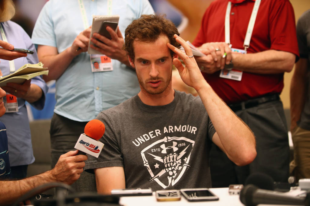 INDIAN WELLS, CA - MARCH 08: Andy Murray of Great Britain answers questions from the worlds media at the ATP Tour all access hour during day three of the BNP Paribas Open at Indian Wells Tennis Garden on March 8, 2017 in Indian Wells, California.   Clive Brunskill/Getty Images/AFP