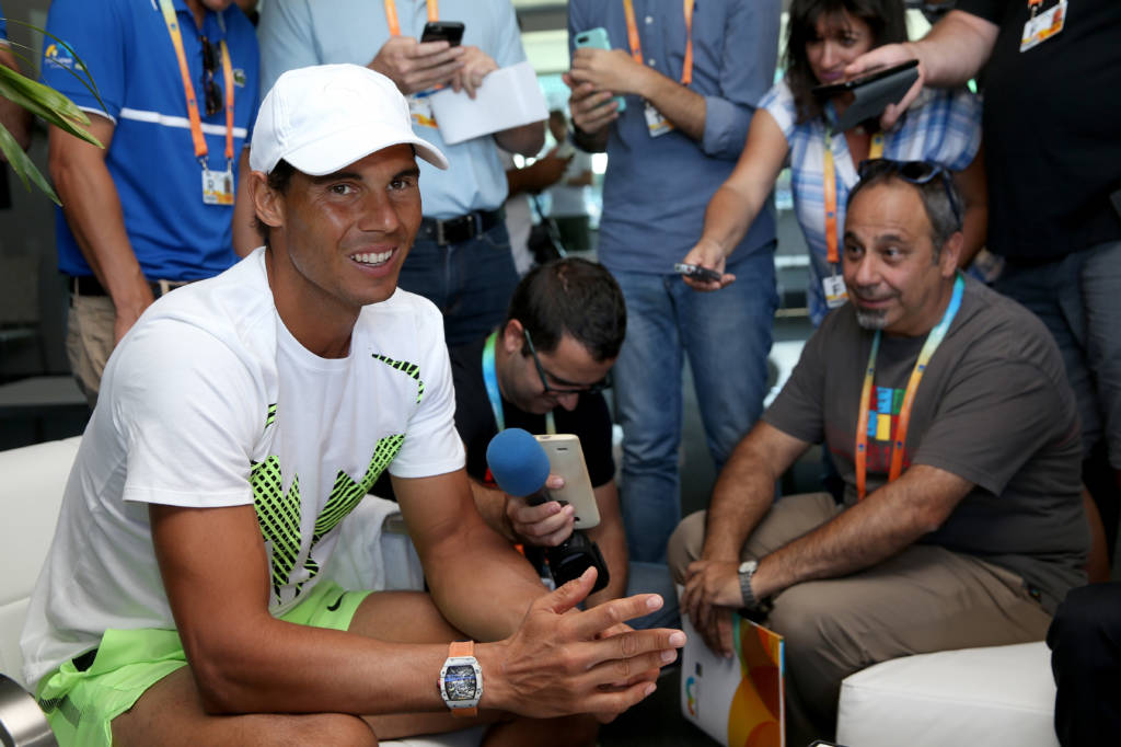 KEY BISCAYNE, FL - MARCH 21: Rafael Nadal of Spain fields questions from the media at a player availability session during the Miami Open at the Crandon Park Tennis Center on March 21, 2017 in Key Biscayne, Florida. Matthew Stockman/Getty Images/AFP