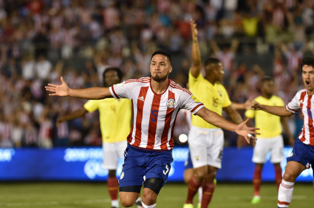 Paraguay's Bruno Valdez celebrates after scoring against Ecuador during their 2018 FIFA World Cup South American qualifier football match at the Defensores del Chaco stadium in Asuncion, on March 23, 2017. / AFP PHOTO / NORBERTO DUARTE
