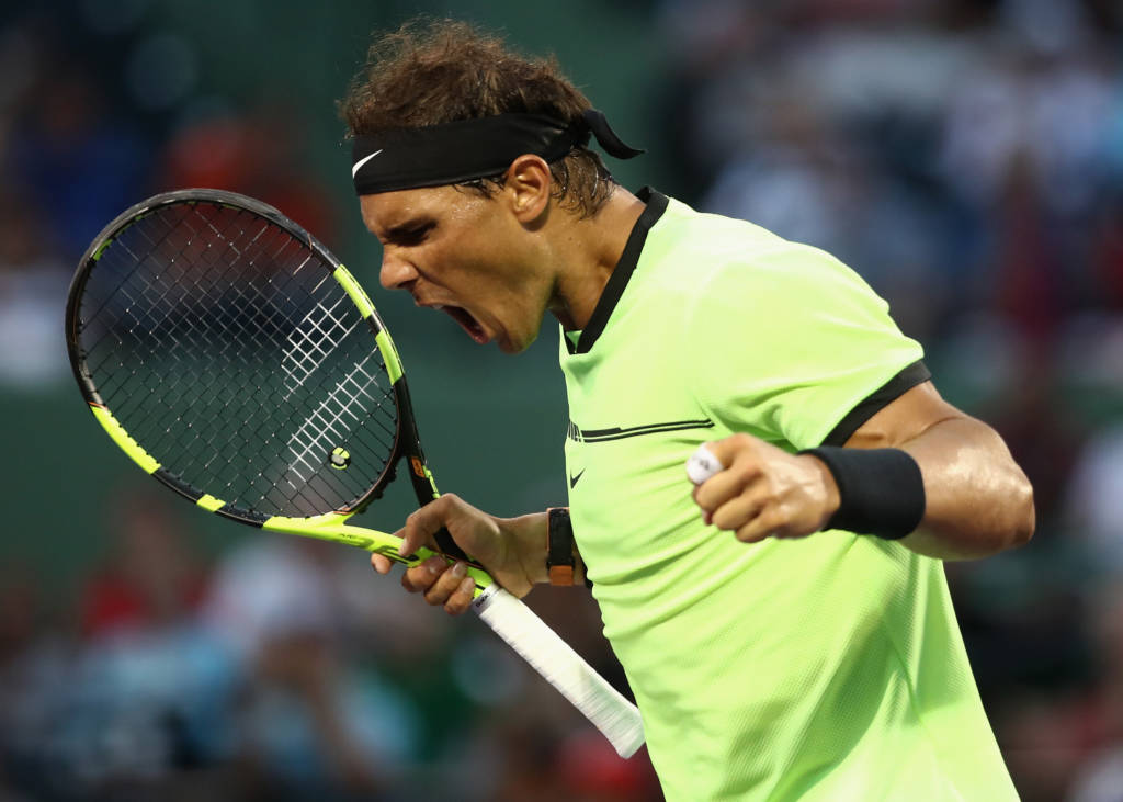 KEY BISCAYNE, FL - MARCH 26: Rafael Nadal of Spain celebrates defeating Philipp Kohlschreiber of Germany at Crandon Park Tennis Center on March 26, 2017 in Key Biscayne, Florida.   Julian Finney/Getty Images/AFP